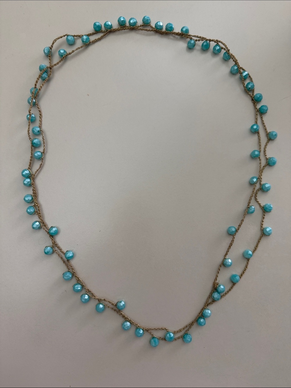 Handmade Crochet Continuous Strand Necklace - Blue Faceted Beads 36”